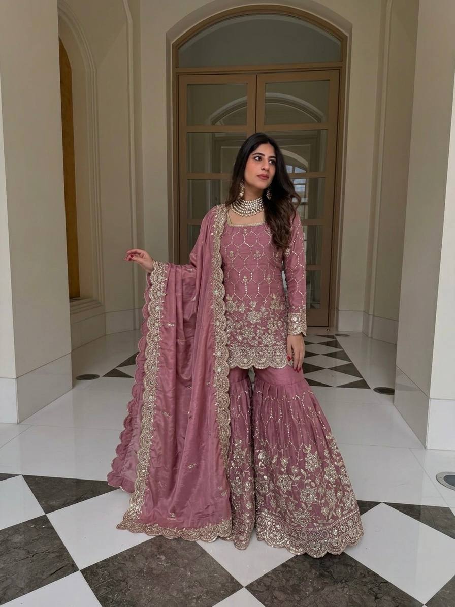 Yankita Kapoor Wear Dusty Peach Color Silk Mirror Handwork Sharara Suit