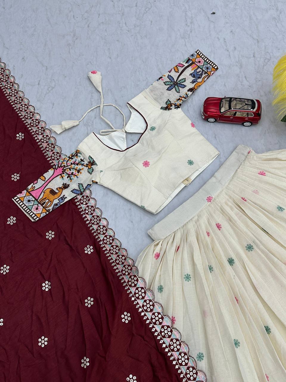 Wedding Wear Maroon Color Pure Cotton With Embroidery Chain Work Lehenga Choli