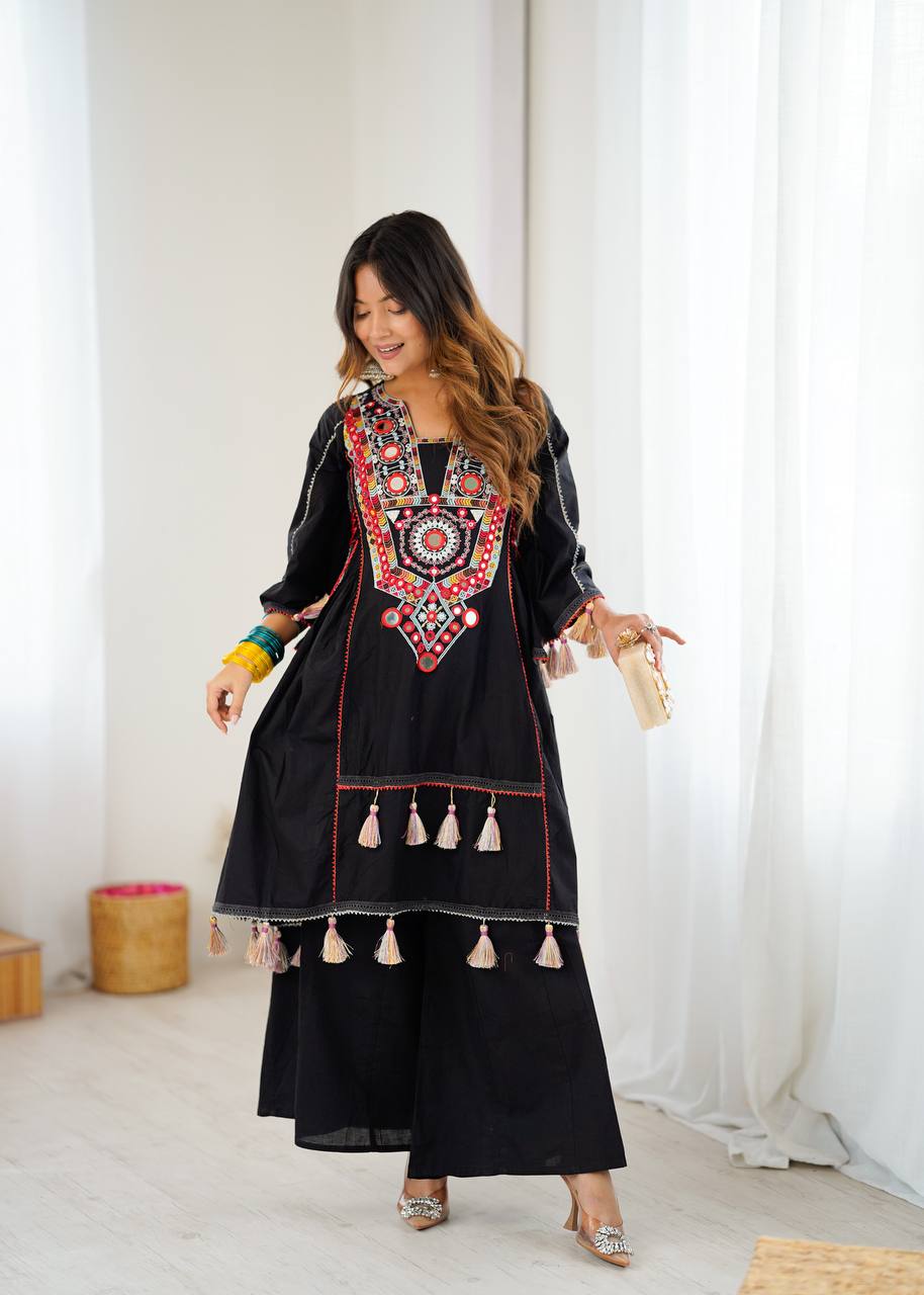 Fetive Wear Black Color Pure Khadi Cotton Embroidered Designer Co-ord Set