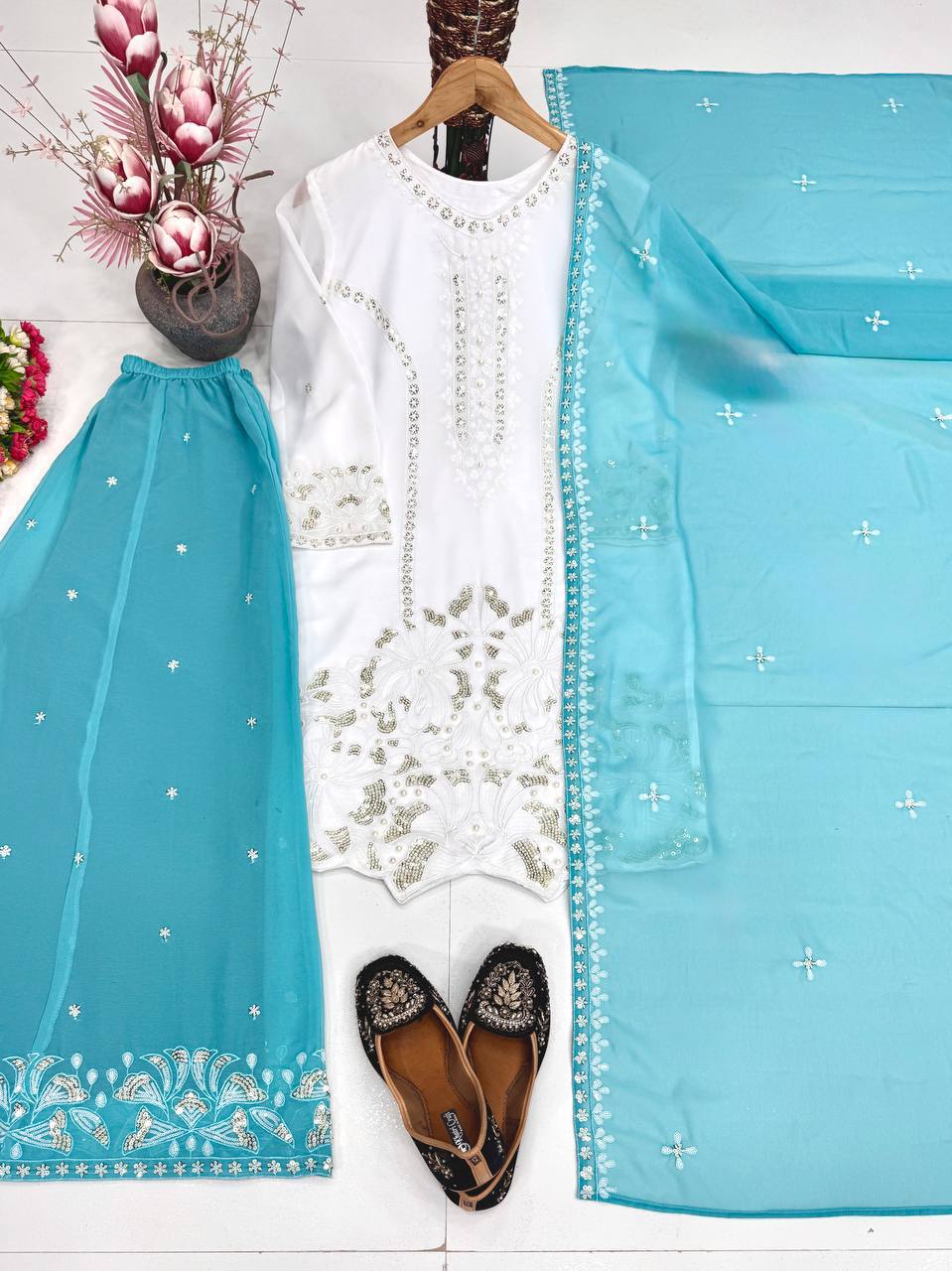 Sky Color Georgette Embroidery With Pearl Moti Handwork Palazzo Suit
