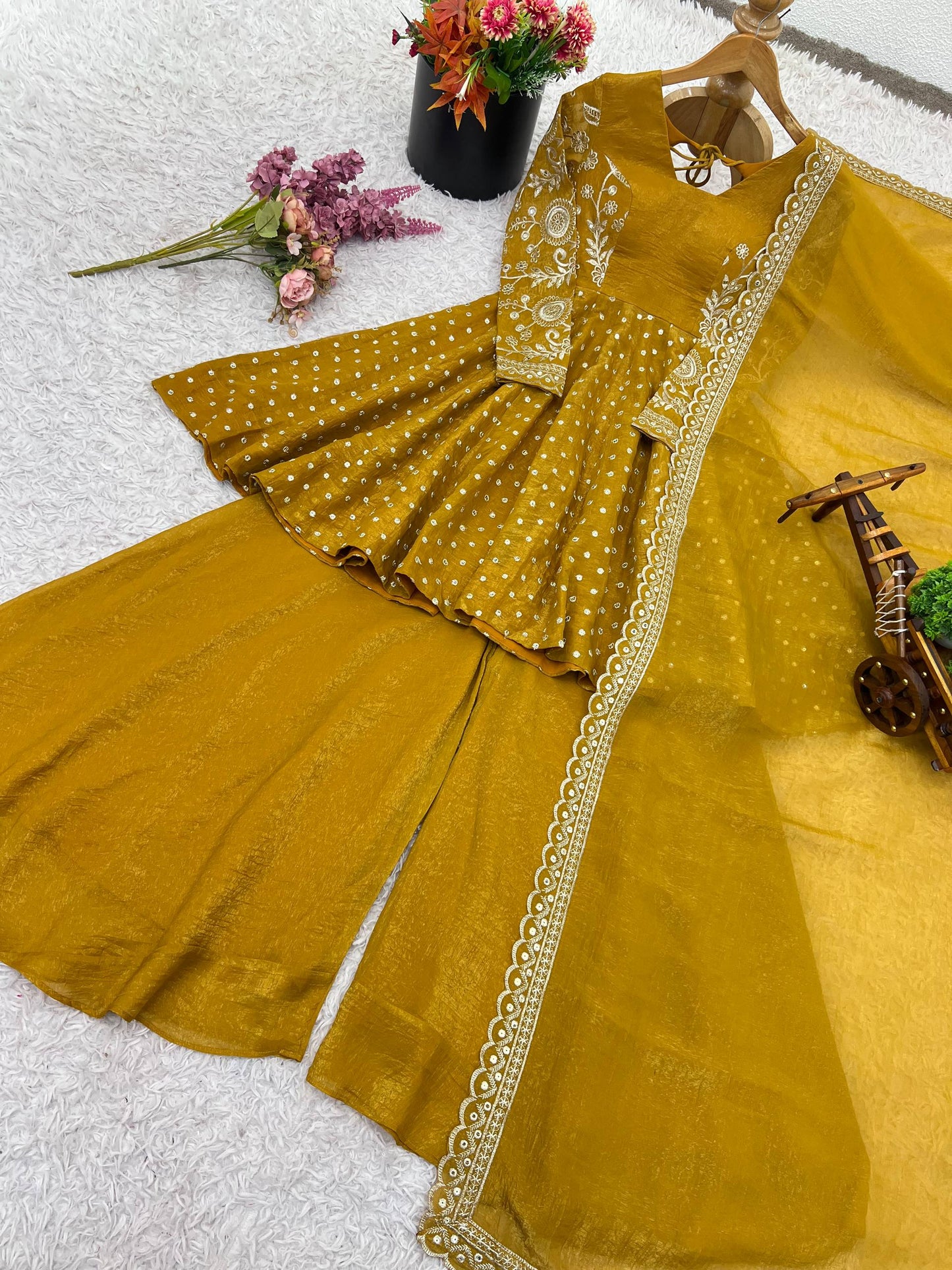 Party Wear Yellow Color Embroidered Sequence Work Sharara Suit