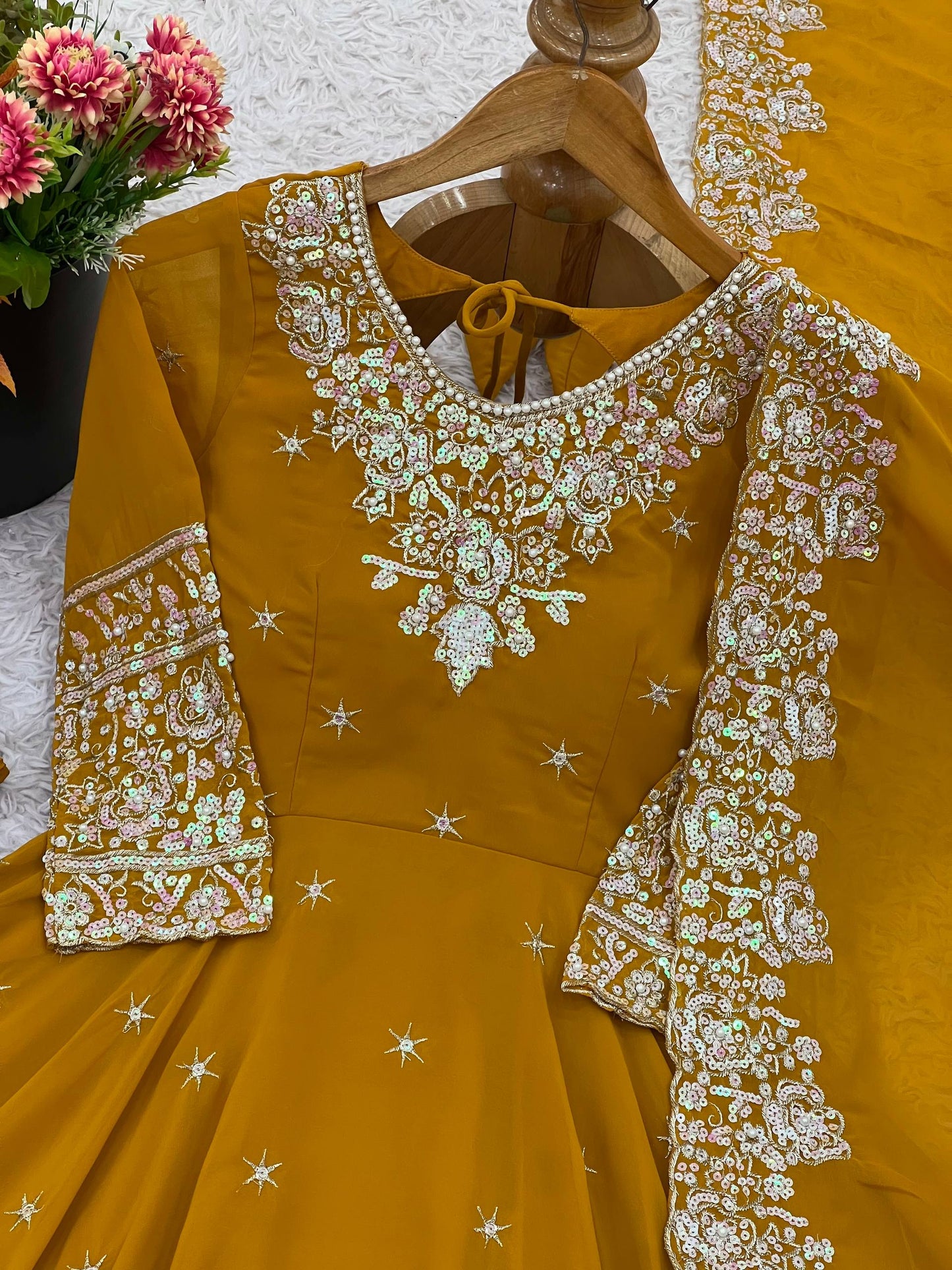 Designer Yellow Color Embroidered Anarkali Three-Piece Gown Set