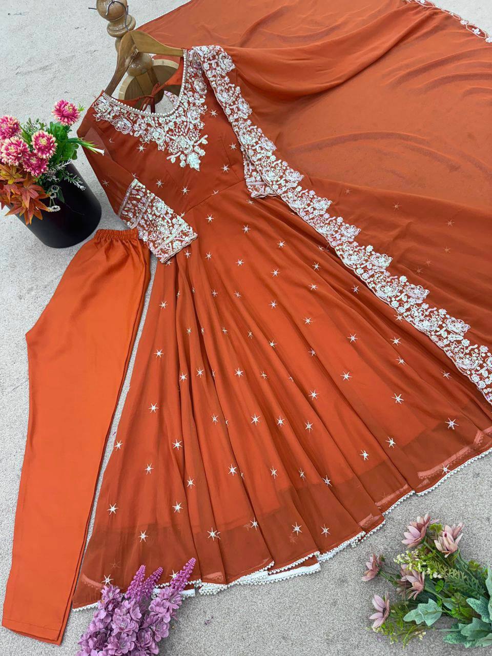 Designer Orange Color Embroidered Anarkali Three-Piece Gown Set