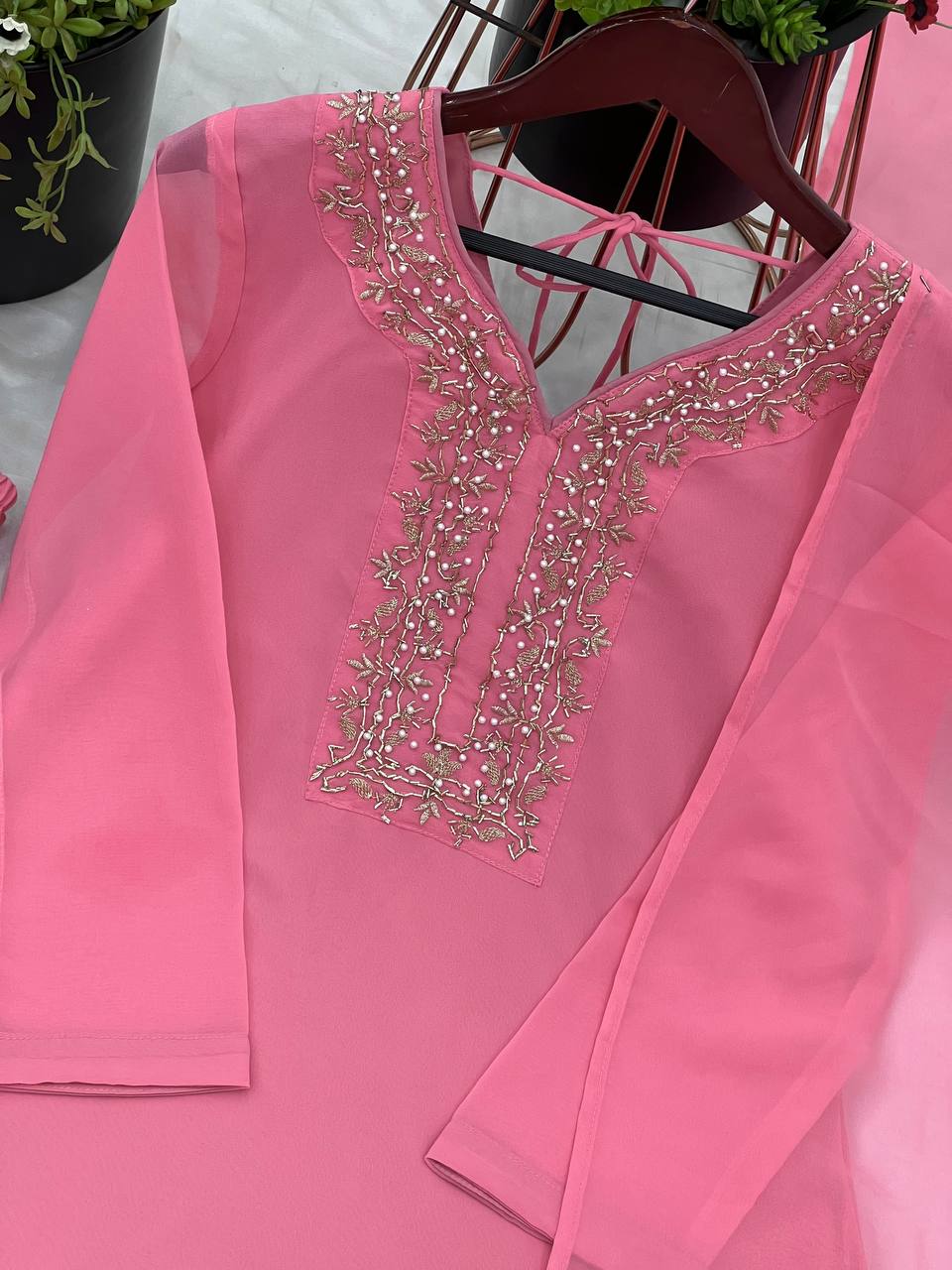 Stylish Pink Color Faux Georgette And Embroidery With Hand work And Beads Salwar Suit