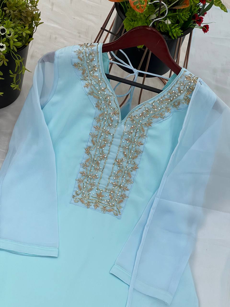 Trendy Sky Color Faux Georgette And Embroidery With Hand work And Beads Salwar Suit