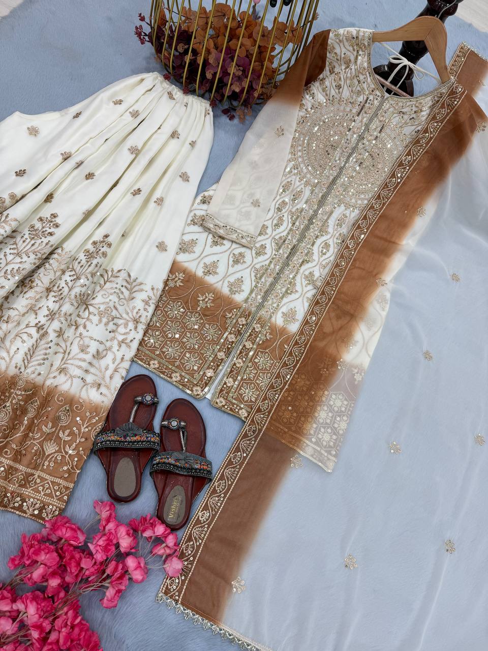 Pakistani Wear Dual Tone Brown Color Georgette Palazzo Suit Set