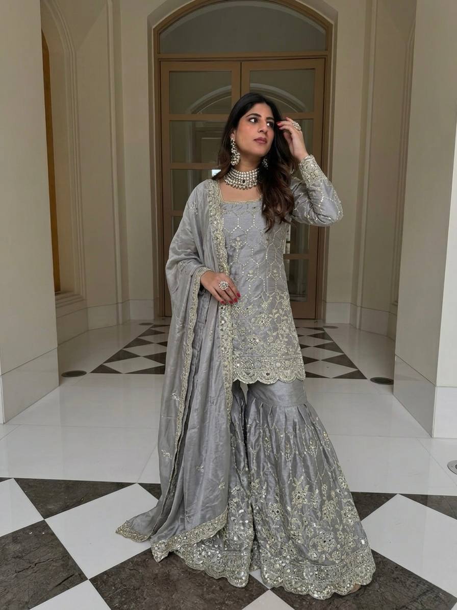 Yankita Kapoor Wear Grey Color Silk Mirror Handwork Sharara Suit