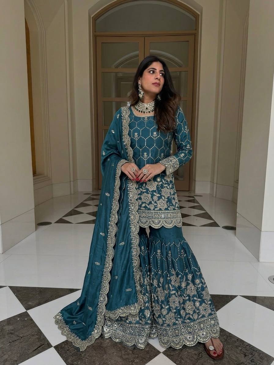 Yankita Kapoor Wear Teal Blue Color Silk Mirror Handwork Sharara Suit