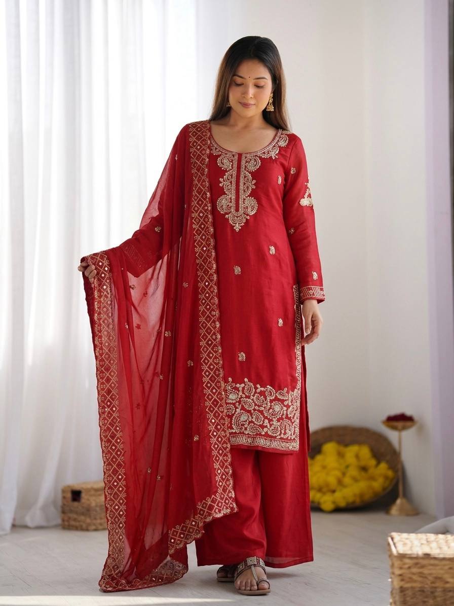 Beautiful Embroidery Beads Work Silk Red Color Arti Chauhan Palazzo Suit