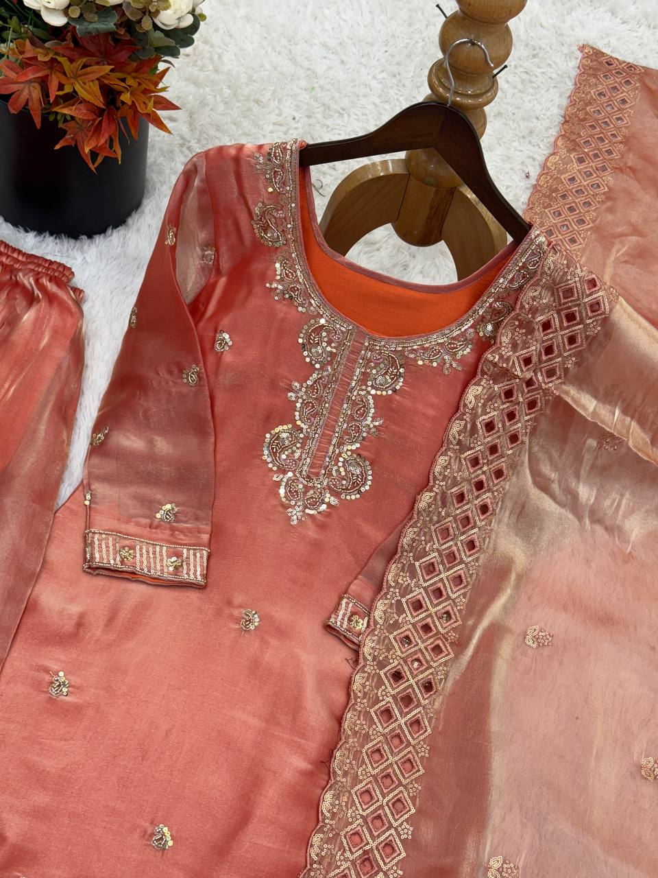 Beautiful Embroidery Beads Work Silk Orange Color Palazzo Suit