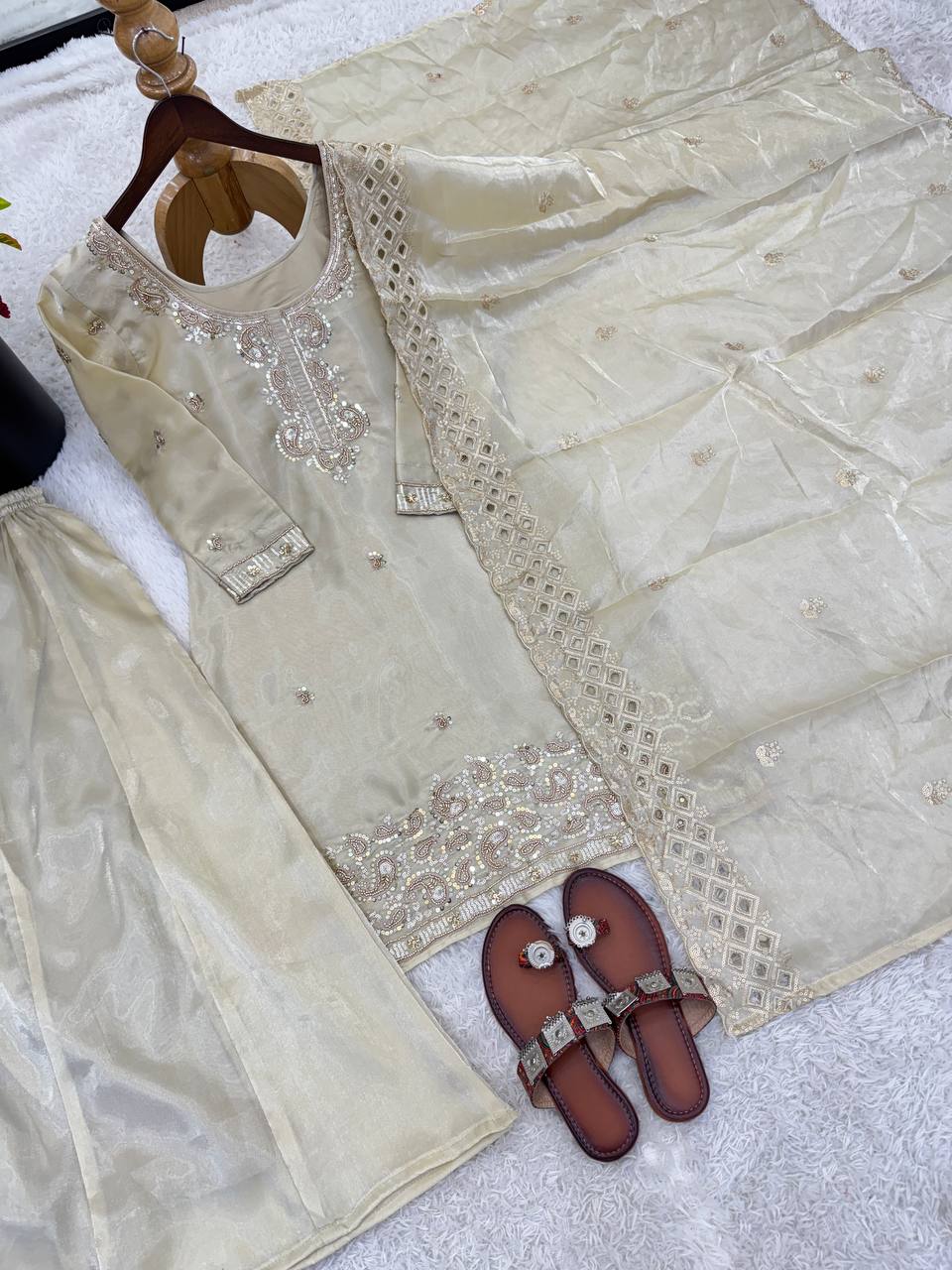 Beautiful Embroidery Beads Work Silk Cream Color Palazzo Suit