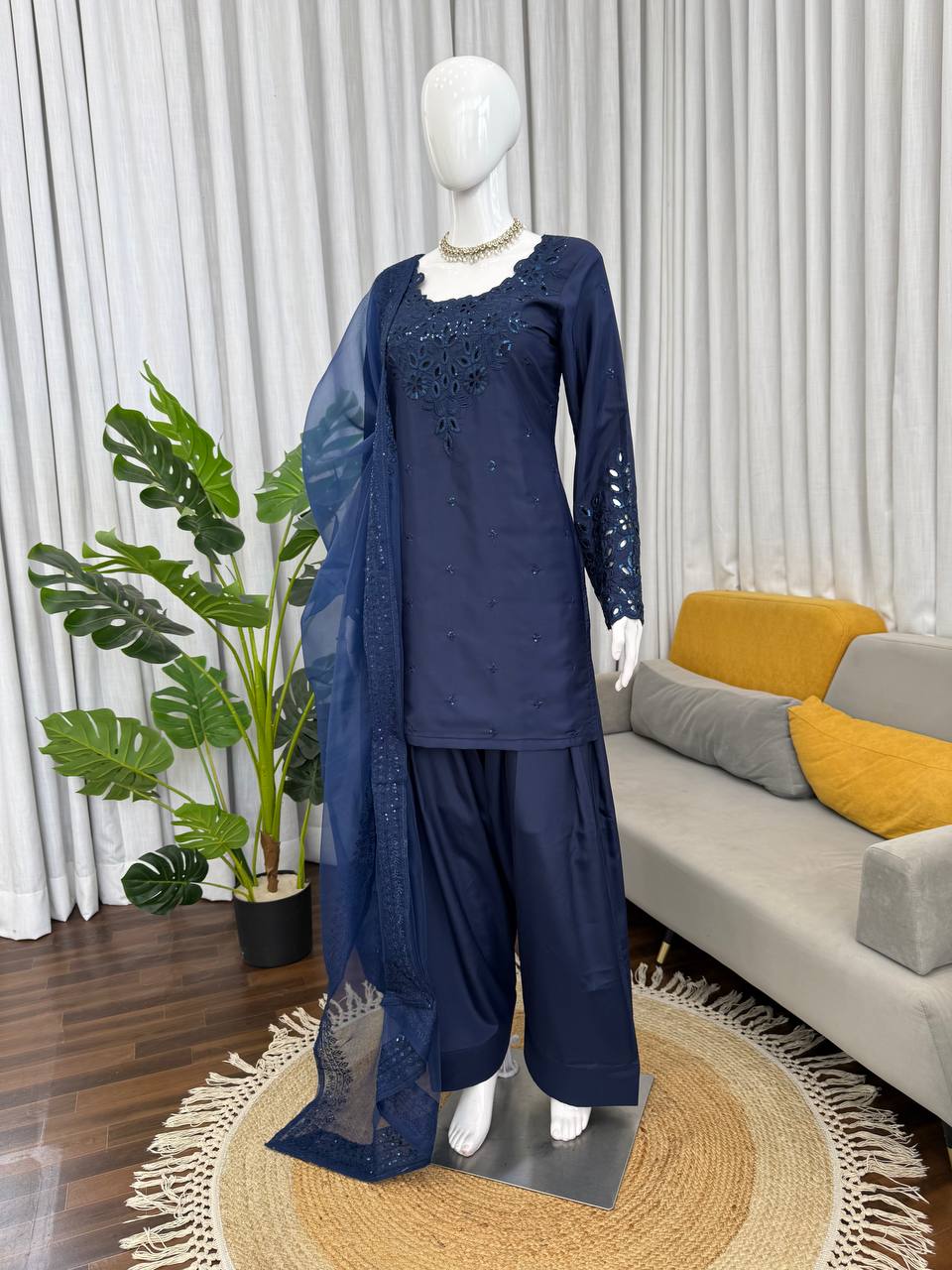 Hania Amir Wear Navy Blue Color Natural Crepe Farshi Salwar Suit