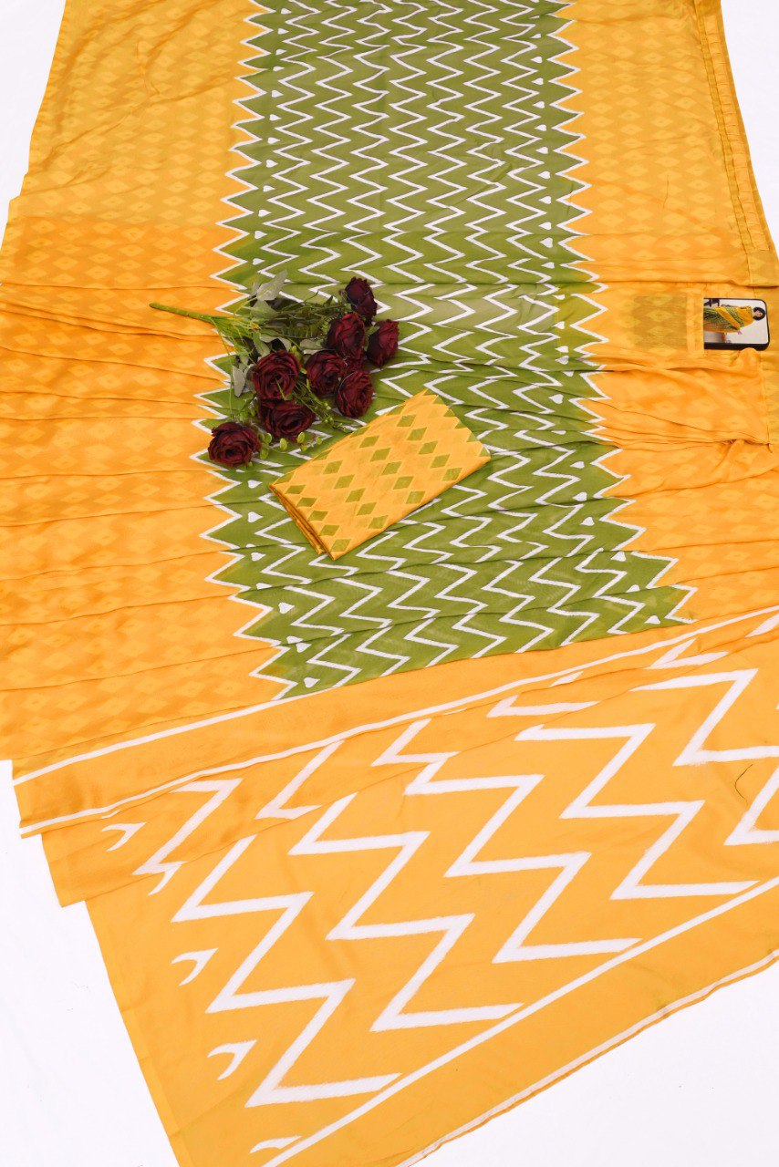 Stylish Yellow Color Printed Ready To Wear Saree With Blouse