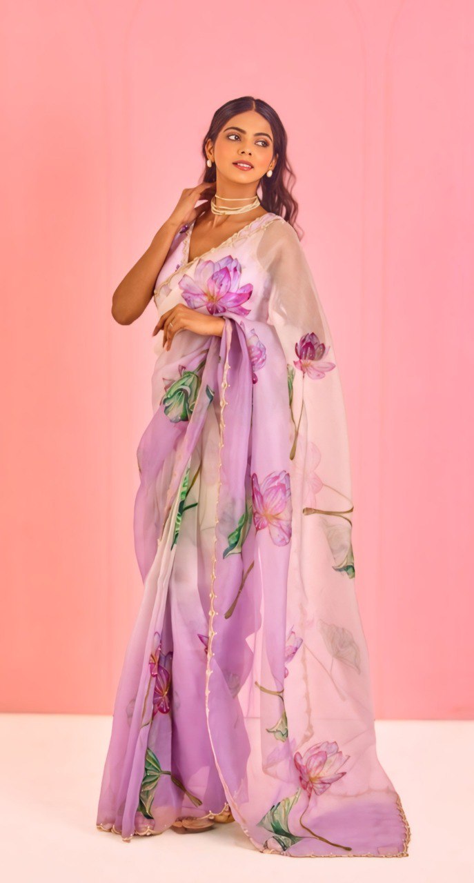 Delightful Purple Color Organza Silk Ready To Wear Saree With Blouse