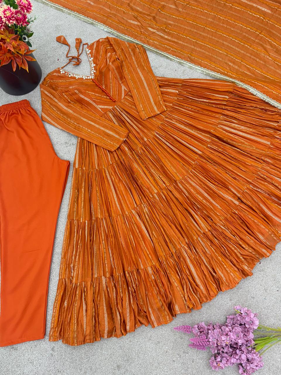 Designer Orange Color Ruffle Gown With Pant And Dupatta Set
