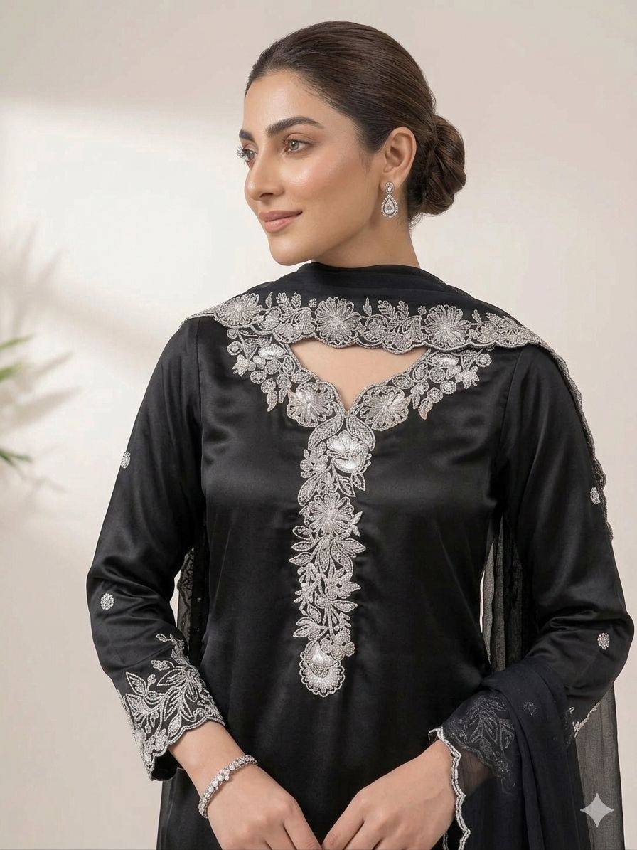 Designer French Crepe Embroidery Work Wedding Wear Palazzo Suit
