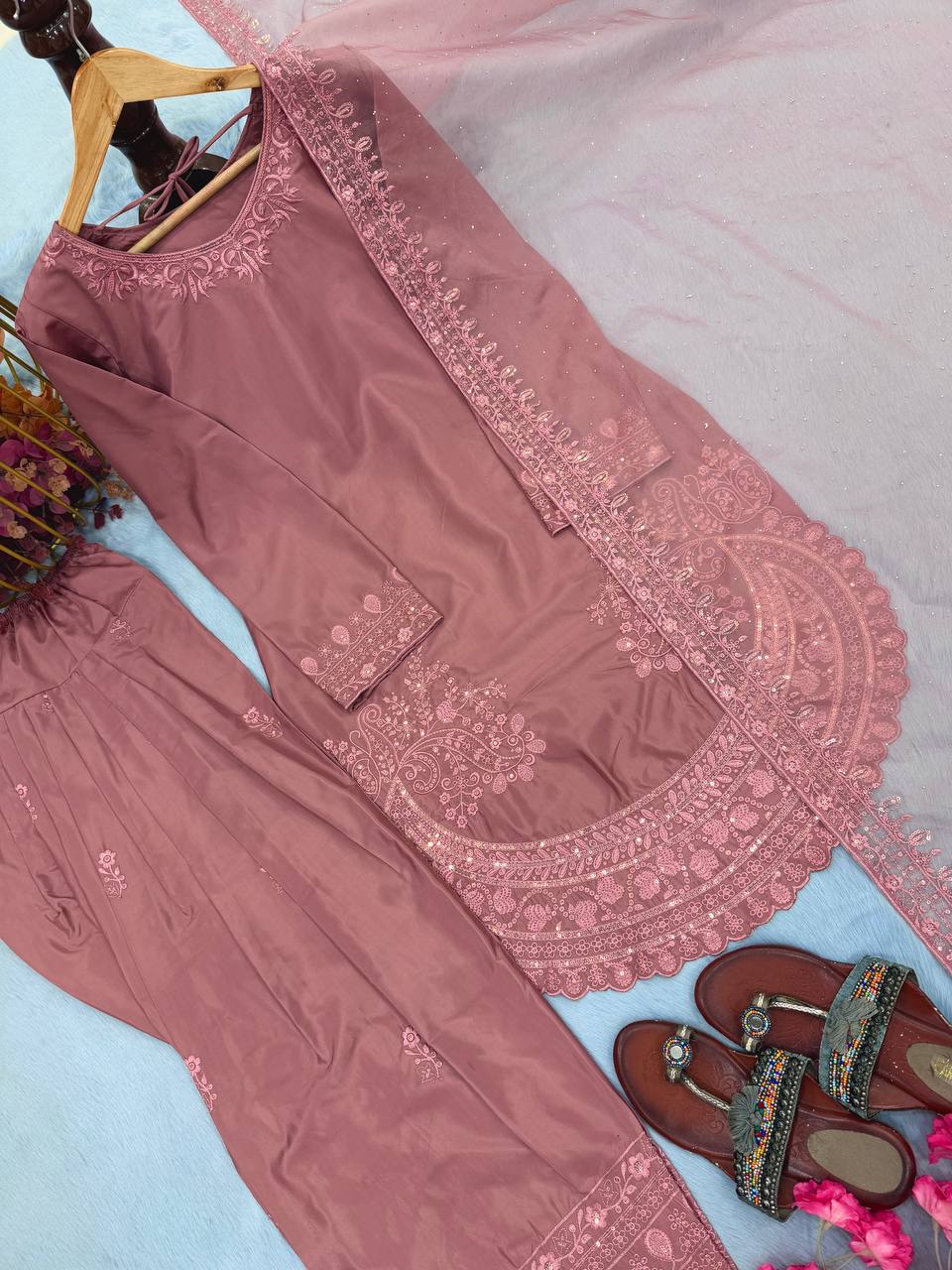 Peach Color Designer Chinon Silk With Moti Work Palazzo Suit Set