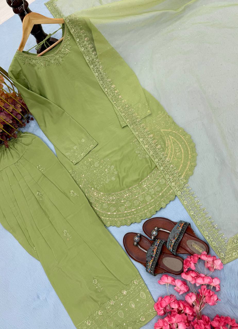 Green Color Designer Chinon Silk With Moti Work Palazzo Suit Set