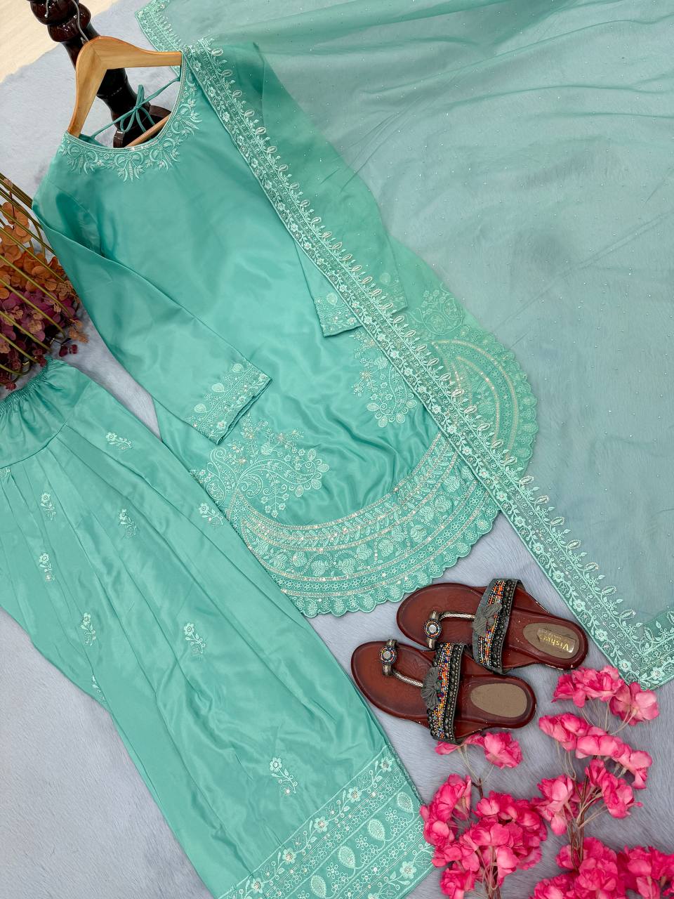 Pista Green Color Designer Chinon Silk With Moti Work Palazzo Suit Set