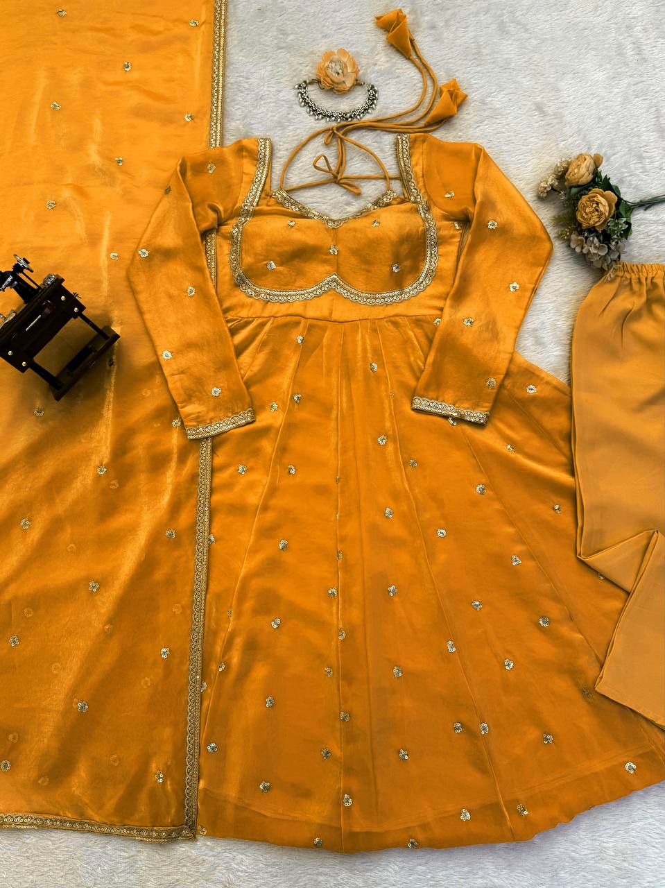 Designer Yellow Color Fendy Silk Thread Work Anarkali Suit