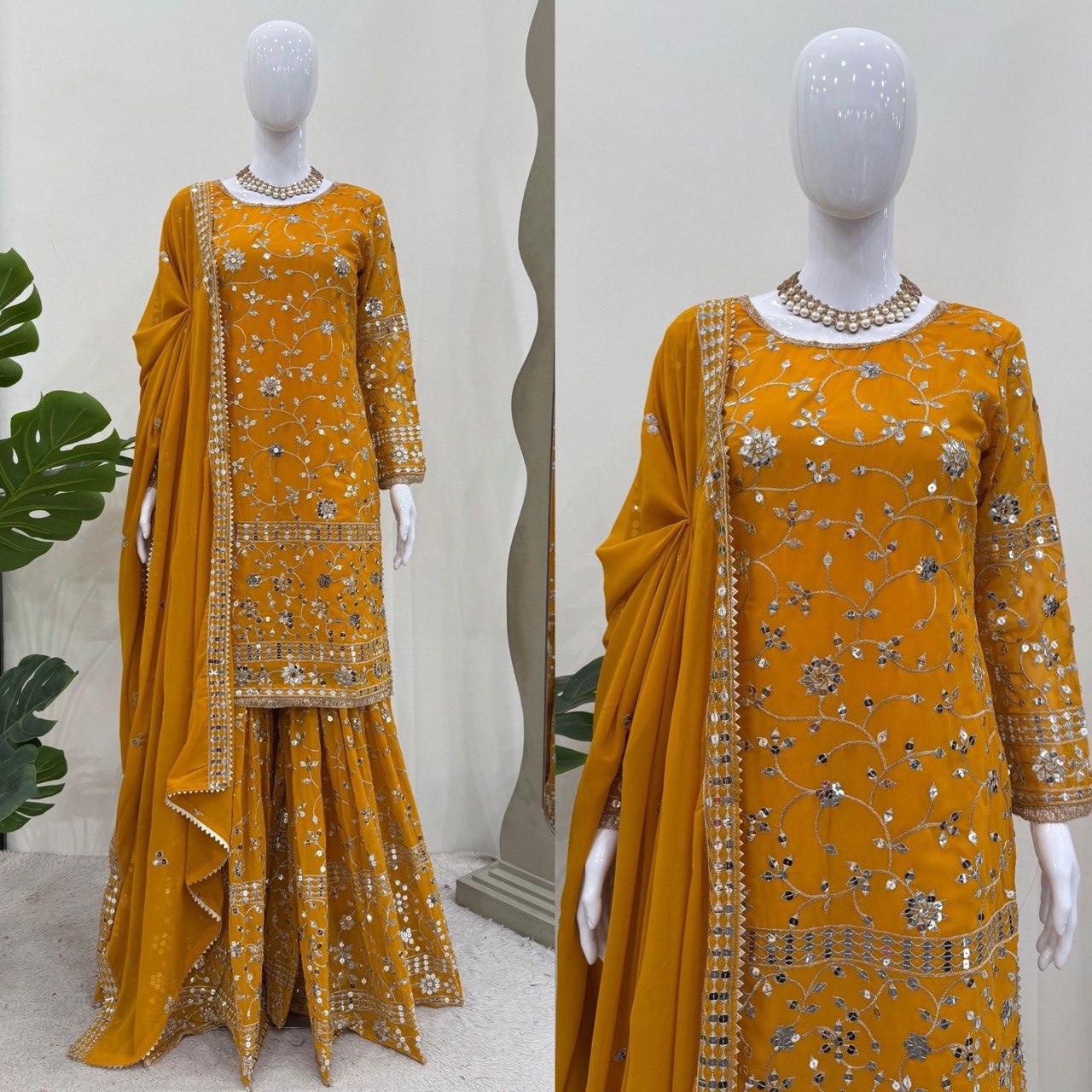 Captivating Mustard Color Faux Georgette And Thread With 9mm Sequence Work Sharara Suit