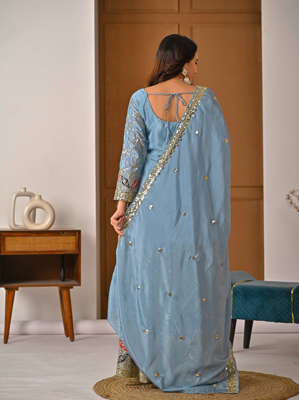 Designer Sky Blue Heavy Chinon Silk Sharara Wedding Wear Palazzo Suit