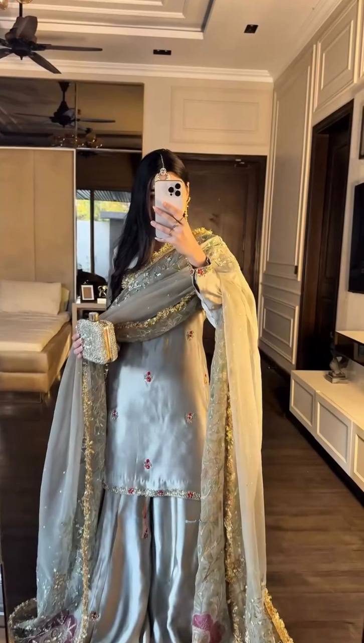 Designer Cream Color Japan Satin Silk Wedding Wear Palazzo Suit