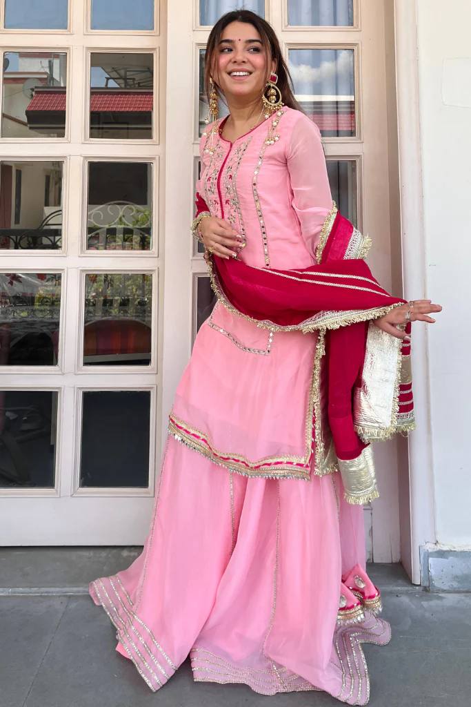 Neha Pink Color Chinon Silk Embroidered Work Sharara Suit