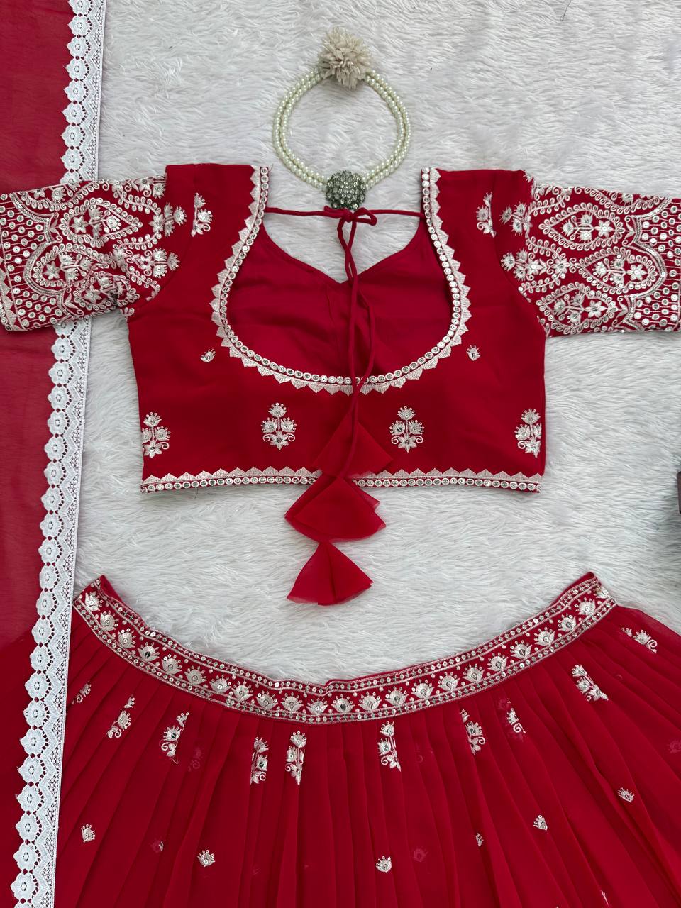 Reception Wear Red Color Georgette Lehenga Choli With Dupatta Set