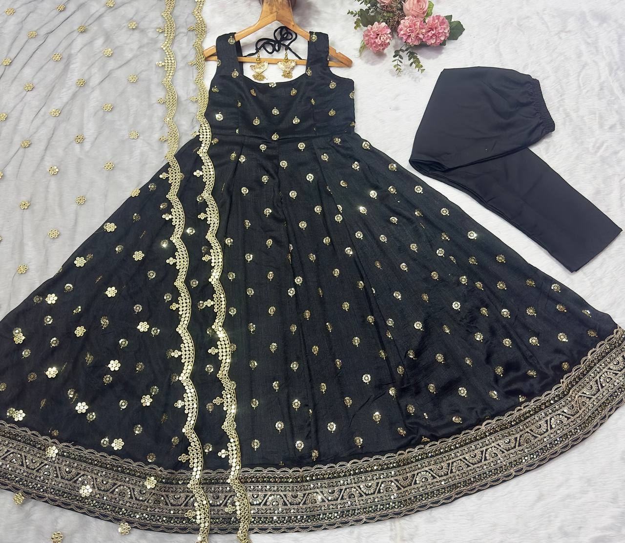 Luxury Designer Black Color Embroidered Anarkali Suit Set