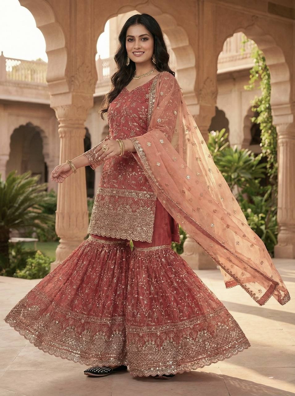 Party Wear Orange Fandy Crush Silk Sharara Palazzo Suit