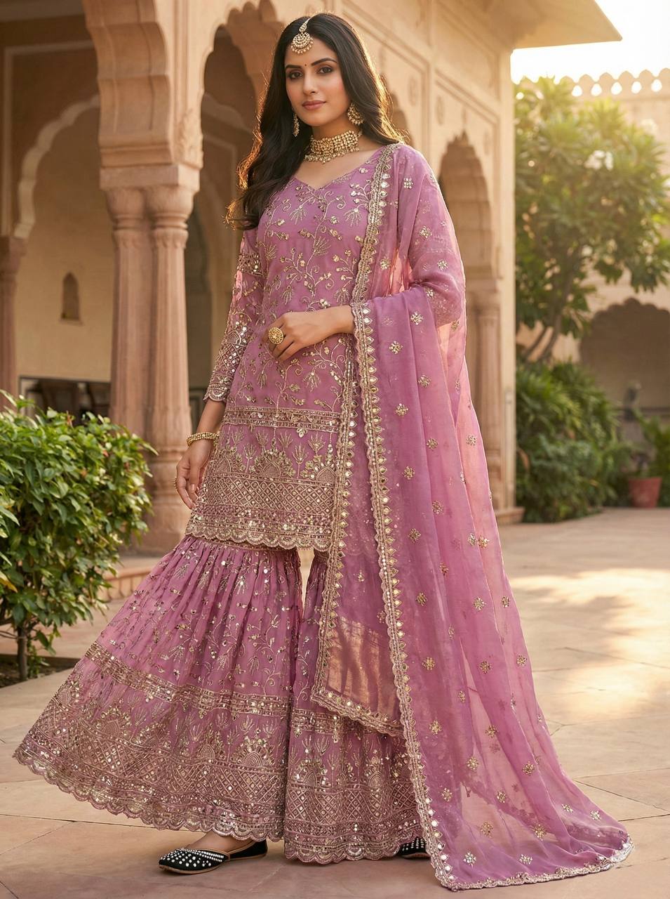Party Wear Pink Fandy Crush Silk Sharara Palazzo Suit