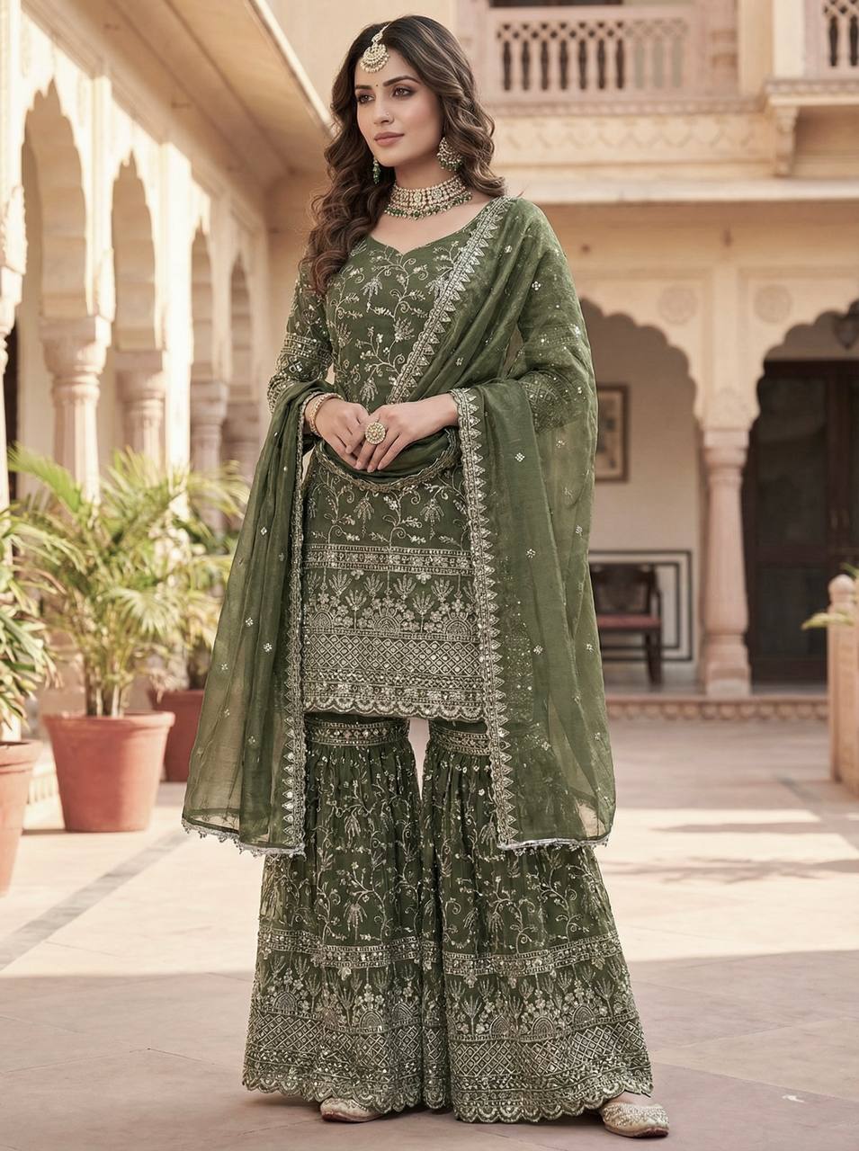 Party Wear Green Fandy Crush Silk Sharara Palazzo Suit
