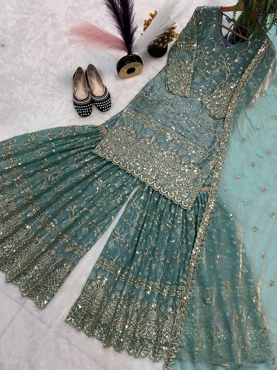 Party Wear Sky Blue Fandy Crush Silk Sharara Palazzo Suit