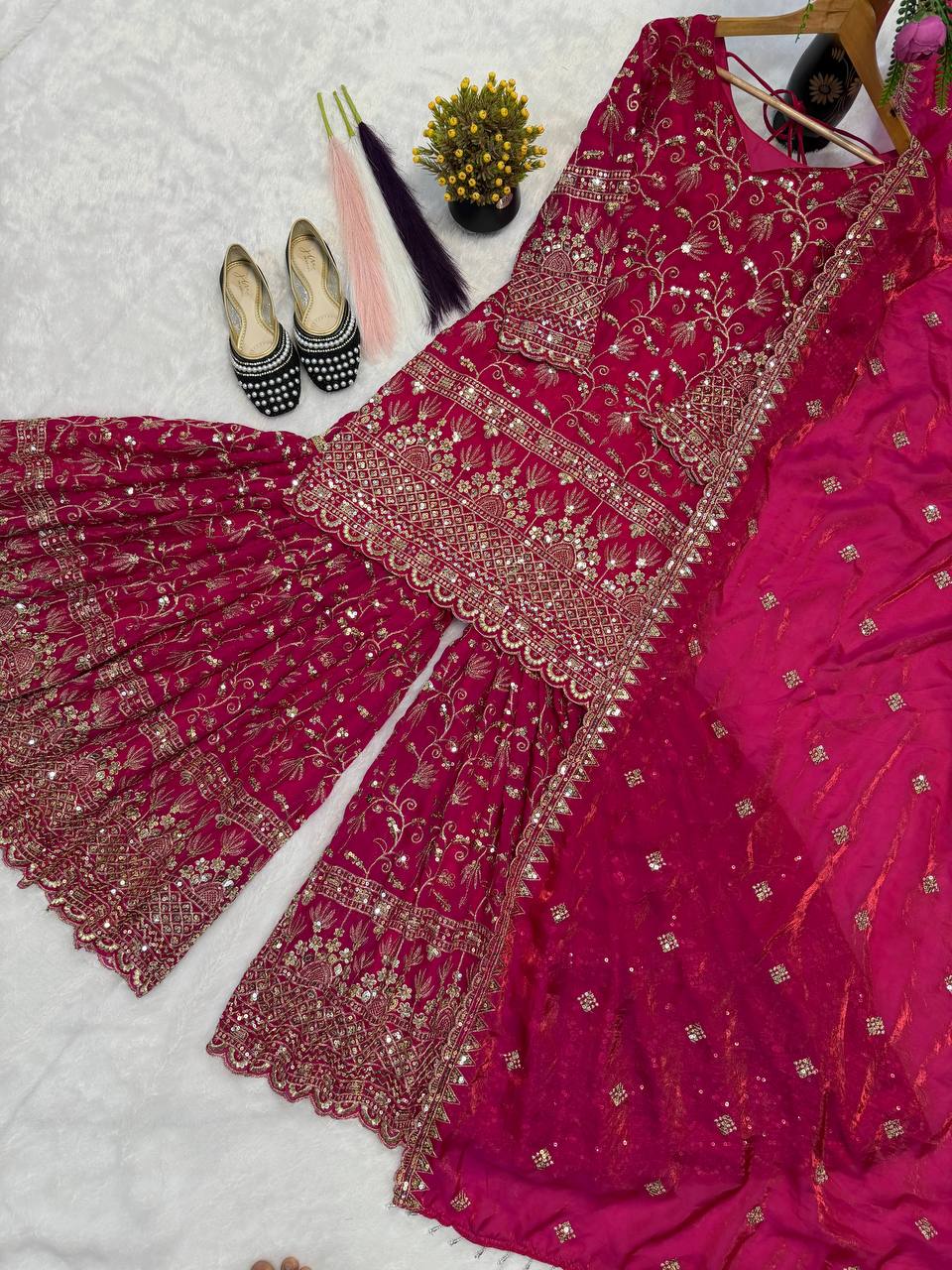 Party Wear Dark Pink Fandy Crush Silk Sharara Palazzo Suit