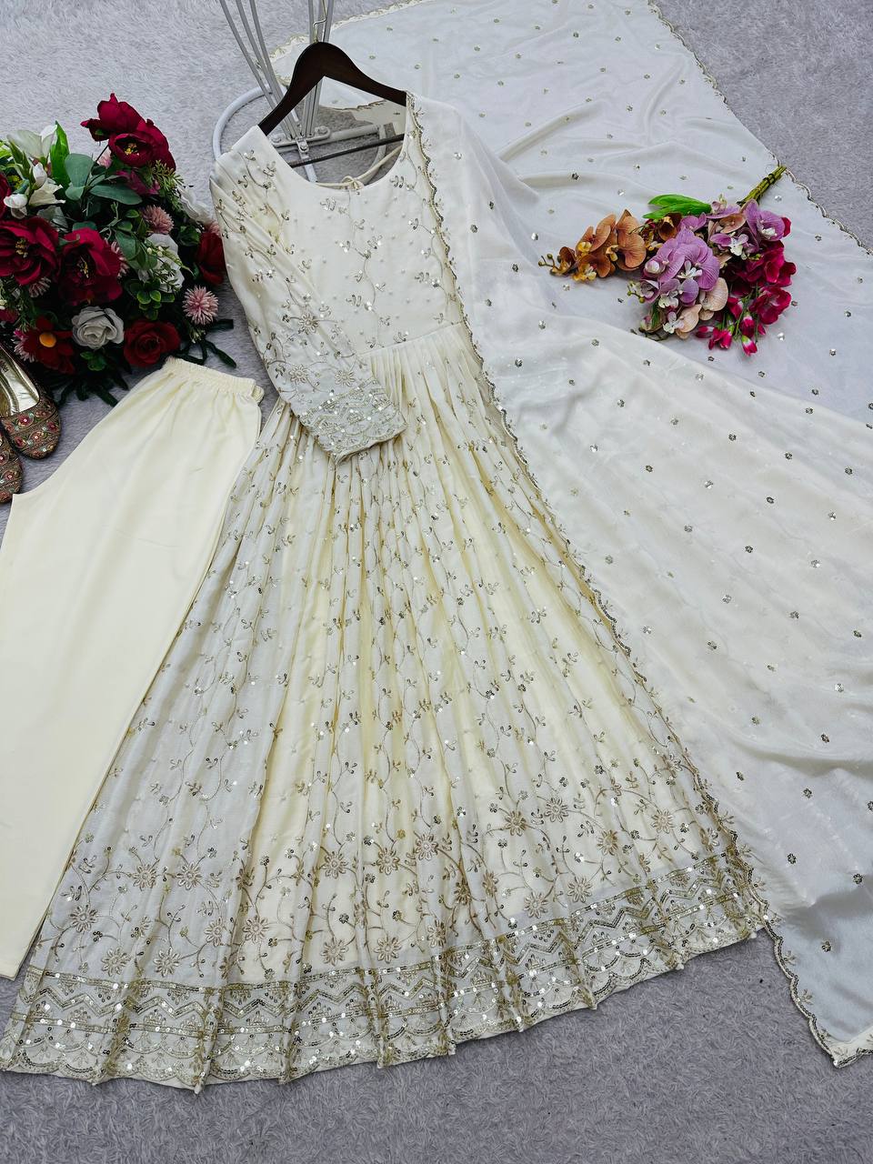 Sangeet Wear Off White Color Sequence Embroidered Anarkali Gown With Dupatta