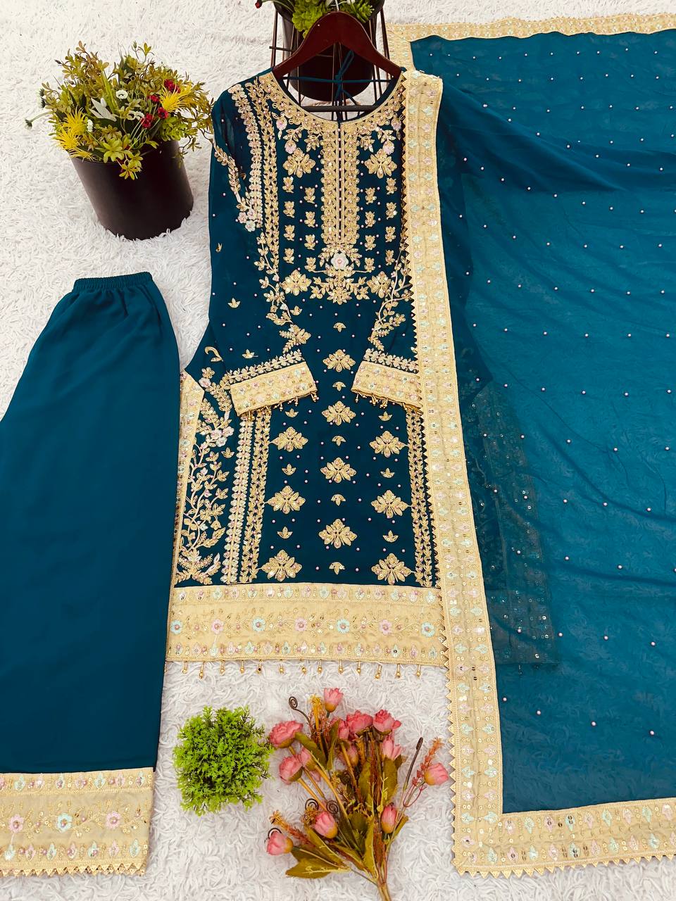 Engagement Wear Teal Green Color Georgette With Embroidery Sequence Work Salwar Suit