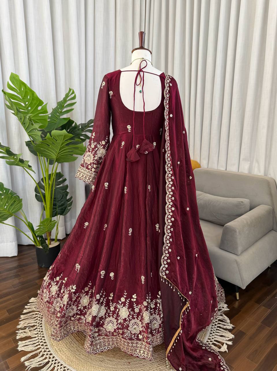 Festive Wear Maroon Color Fendy Silk Sequence Work Anarkali Set