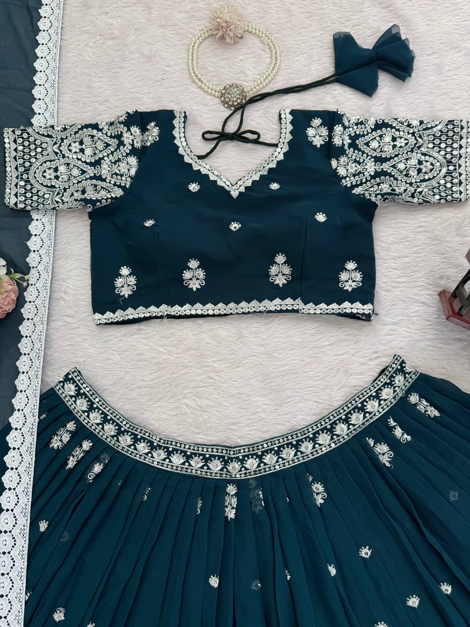Wedding Wear Teal Blue Color Georgette Lehenga Choli With Dupatta Set