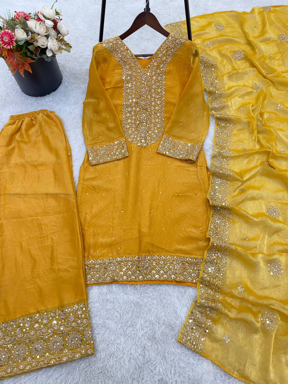 Yellow Color Embroidery Sequence And Hand Diamond Work Palazzo Suit