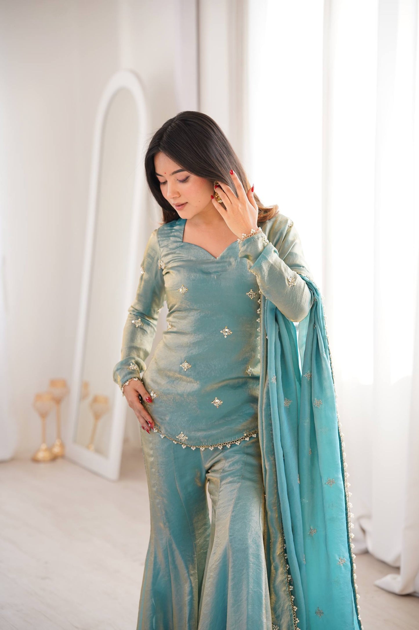 Arti Chauhan Wear Sky Blue Color Fendy Silk Short Top Sharara Set