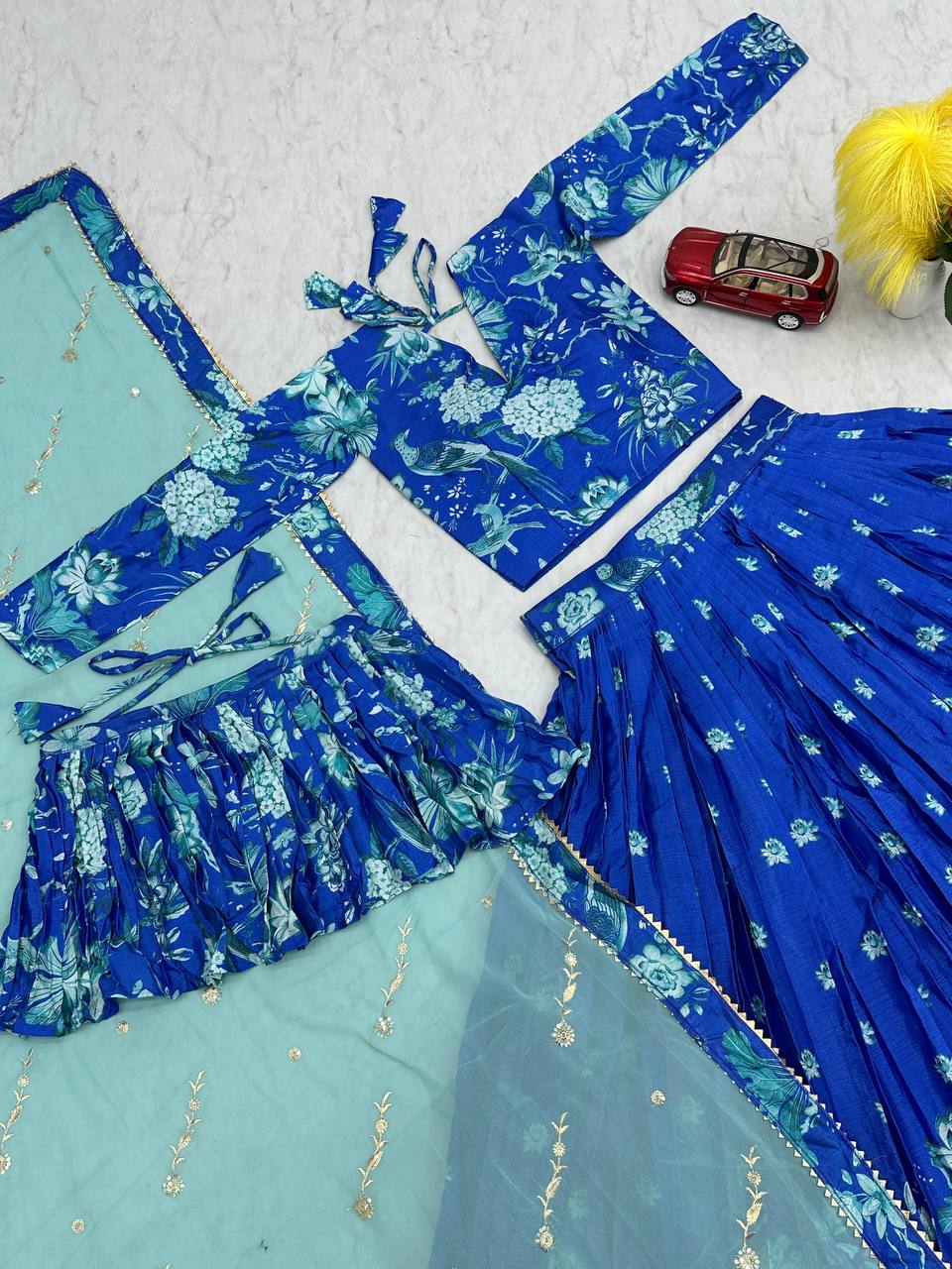 Fabulous Sky Blue Color Chinon With Digital Printed Designer Lehenga Choli