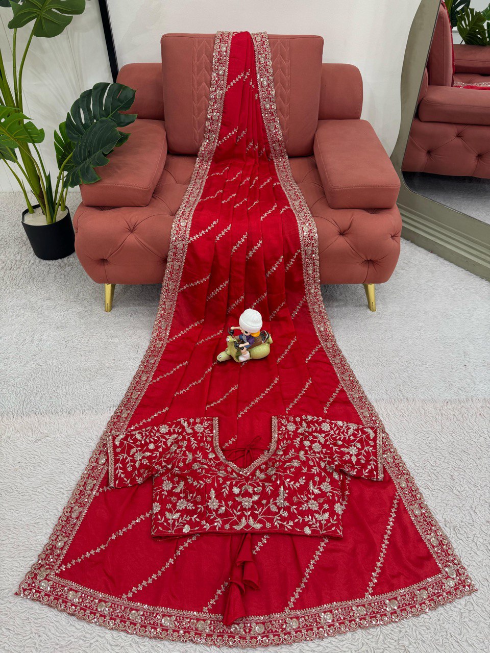 Exclusive Red Color Chinon Silk With Thread And Sequence Work Designer Saree