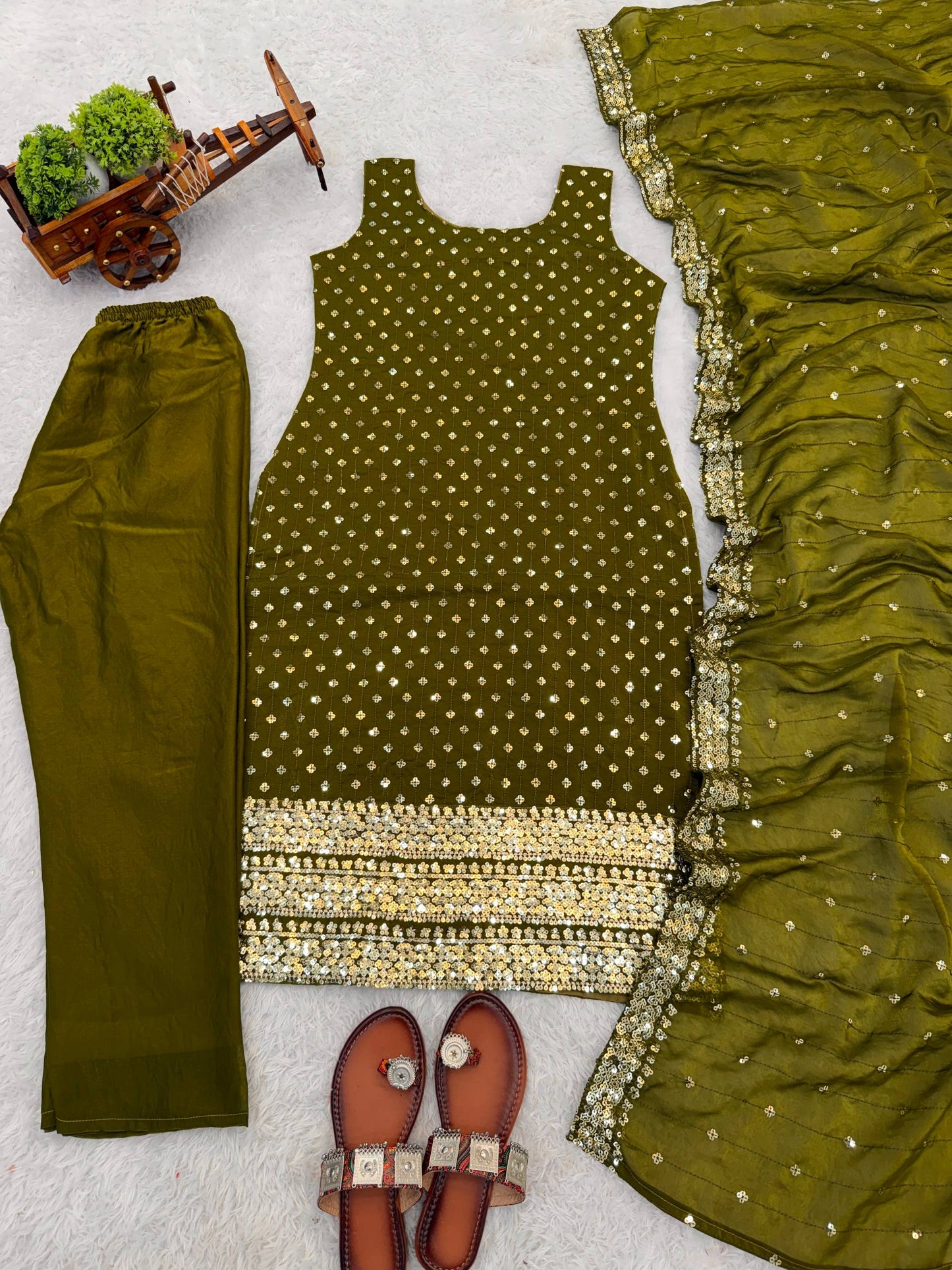 Fancy Wear Mahendi Color Fendy Silk Sleeveless Salwar Suit Set