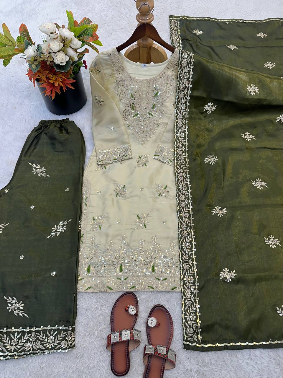 Designer Mahendi Green Silk Sequence Work Palazzo Suit