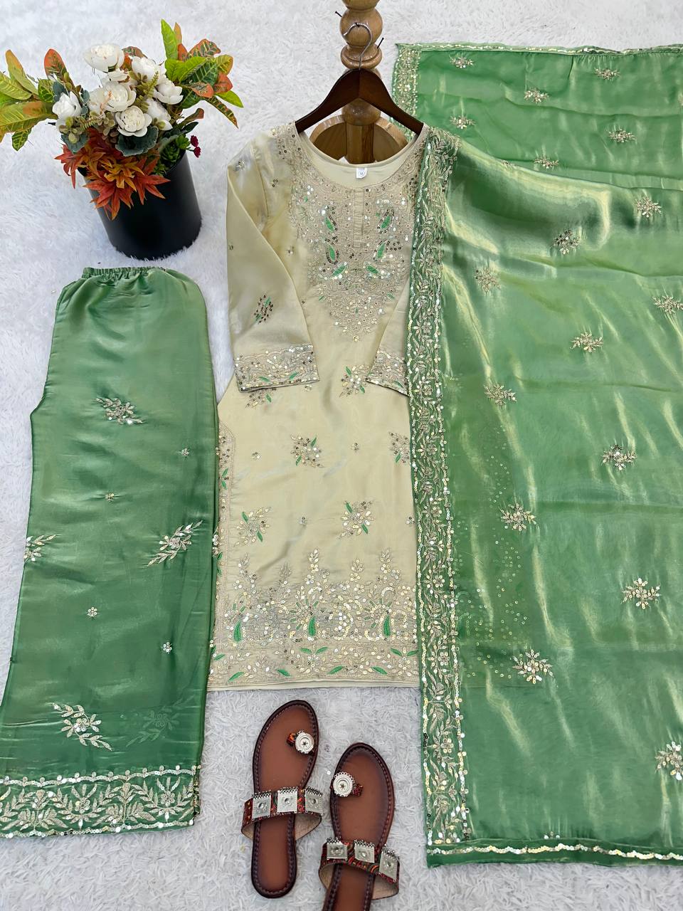 Wedding Wear Green Silk Sequence Work Palazzo Suit