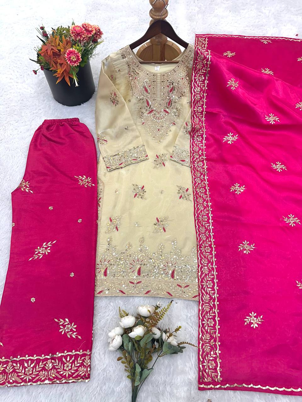 Ceremony Wear Pink Silk Sequence Work Palazzo Suit