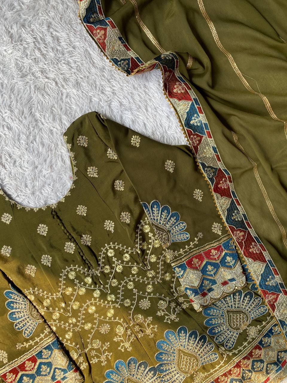 Beautiful Mehndi Color Sequence Embroidered Palazzo Suit