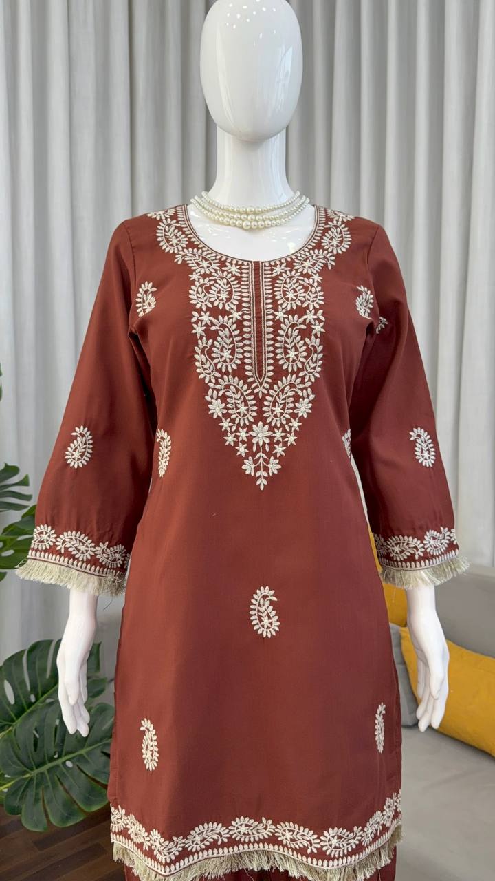 Stylish Brown Color Thread Work Rayon Kurti With Bell-Bottom Set