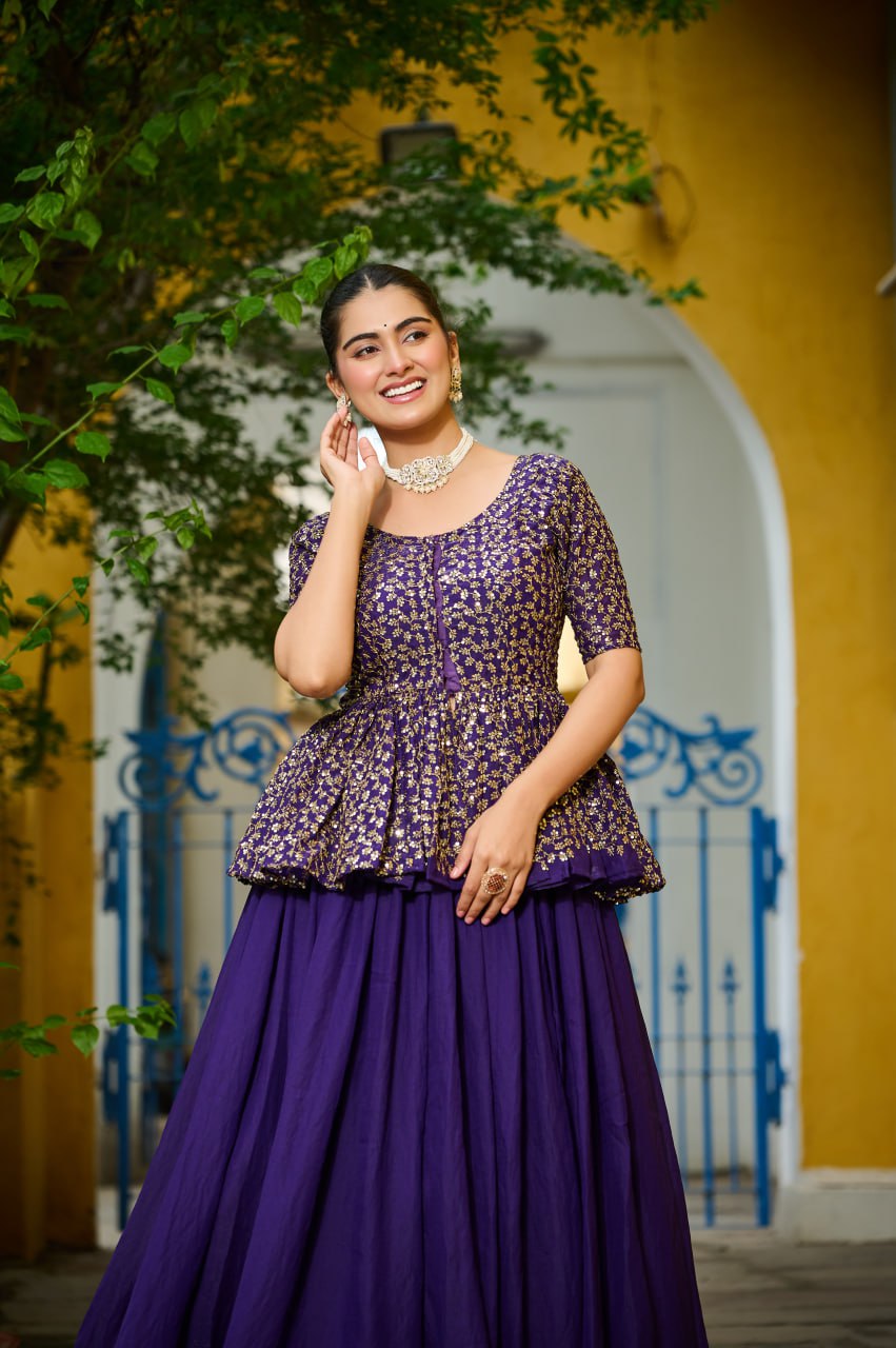 Festivals Wear Purple Color Embroidered Top With Lehenga